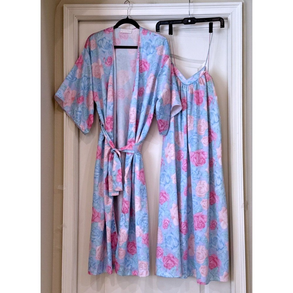 Vintage Sincerely Intimate Floral Robe and Nightgown Set Pastel Pink Blue Medium